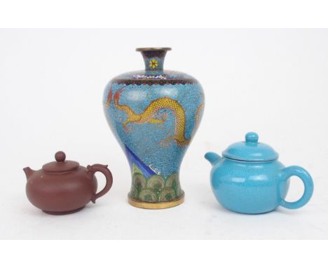 A CHINESE ROBINS EGG BLUE CRACKLE GLAZE TEAPOT AND COVER&nbsp; signed, 13cm wide, Yixing teapot and cover, seal mark, 11cm wi