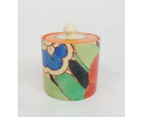 A CLARICE CLIFF FANTASQUE BIZARRE PRESERVE POT&nbsp; in Gardenia pattern, 7.5cm high Condition Report:a tiny chip to base rim