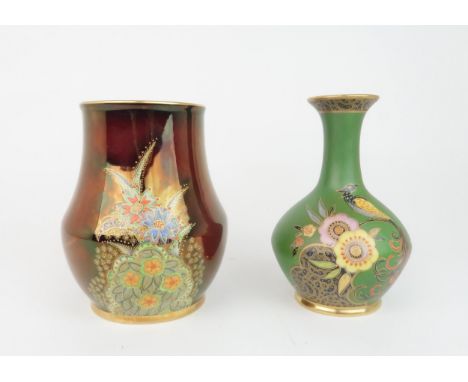 TWO CARLTON WARE VASES  including Feather-tailed Bird and Flower vase on green ground, pattern no. 3355, 16.5cm high and Star