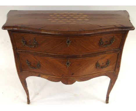 A 19TH CENTURY KINGSWOOD &amp; PARQUETRY INLAID BOMBE COMMODE with serpentine parquetry inlaid top over two long drawers on c