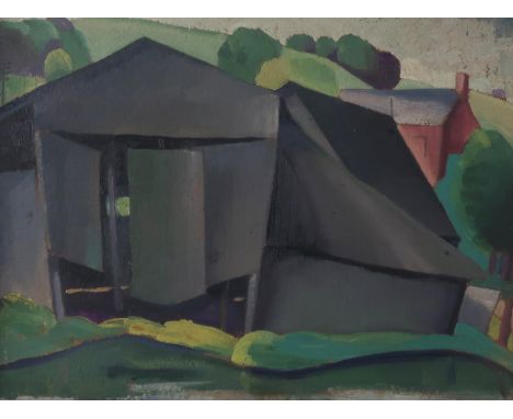 WILLIAM MCCANCE (SCOTTISH, 1894-1970) BOATHOUSE ON A CANAL 1928 Oil on board, bears title verso, 26 x 35cm (10.25 x 13.75") P