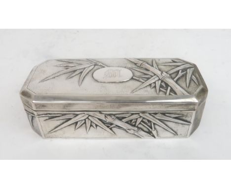 A CHINESE SILVER EXPORT OCTAGONAL BOX&nbsp; cast with bamboo, surrounding a monogrammed cartouche, stamped Zeewo, 152 grams, 