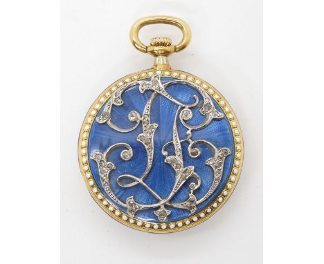 AN ENAMEL AND DIAMOND FOB WATCH, PURPORTED TO BE BY&nbsp;TIFFANY&nbsp;the case with blue guilloche enamel and white enamel do