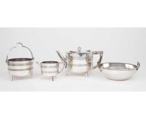 MANNER OF CHRISTOPHER DRESSER FOR HENRY WILKINSON &amp; CO LTD, SHEFFIELD A three piece electroplated teaset, circa 1875, tog