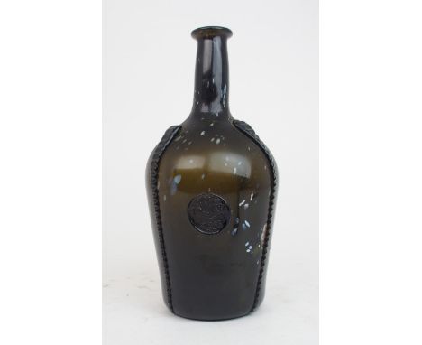 AN EARLY 19TH CENTURY ALLOA GLASS WINE BOTTLE in dark olive green mottled with white splashes, with four applied&nbsp;rigaree