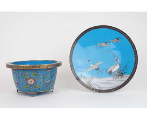 A CHINESE CLOISONNE PLANTER&nbsp; decorated with peonies and scrolling foliage, beneath key pattern and on four lappet feet, 