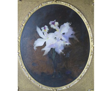 JAMES STUART PARK (SCOTTISH 1862-1933) ORCHID LILIES&nbsp; Oil on canvas, signed lower right, 60 x 50cm (23.5 x 19.75") (oval