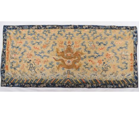 A CHINESE SILK PANEL decorated in coloured threads on a cream ground within a blue and white border of foliage, the centre wi