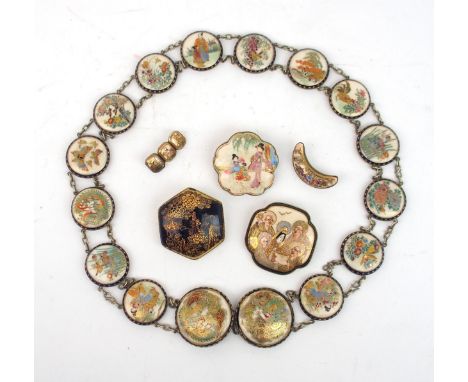 A SATSUMA LADIES BUTTON BELT&nbsp; painted with dragons, figures, insects and birds, on stamped silver mounts, 70cm long and 