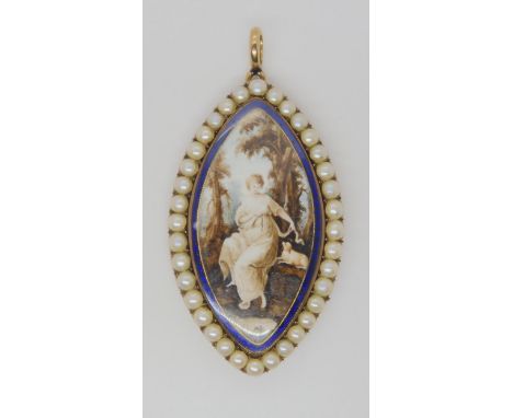 A GEORGIAN MOURNING PENDANT of a maiden and dog, painted on ivory in colours, with applied areas of hair art. Bordered in blu