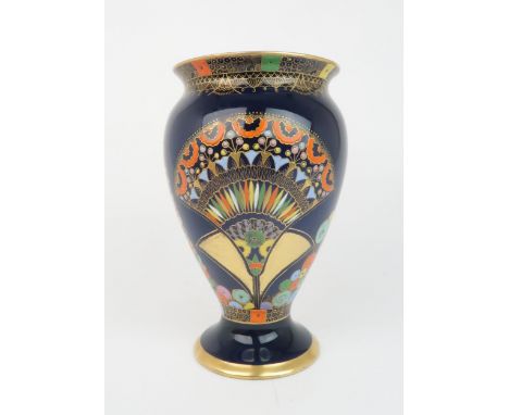 A CARLTON WARE EGYPTIAN FAN PATTERN VASE on dark blue ground, pattern no. 3696 Condition Report:Tiny frit chip to base rim, l