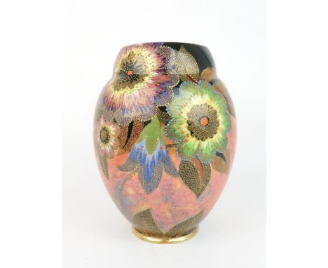 A CARLTON WARE PALM BLOSSOM PATTERN VASE with orange lustre ground and green interior, pattern no. 4278, 19cm high Condition 