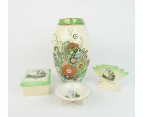 A CARLTON WARE SUMMER FLOWERS VASE 26cm high, together with three Empire Exhibition 1938 pieces including a rectangular box a