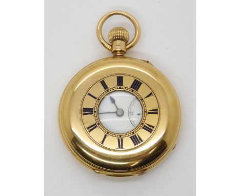 AN 18CT GOLD HALF HUNTER POCKET WATCH with outer case enamelled chapter ring, white enamelled dial, subsidiary dial, black ro