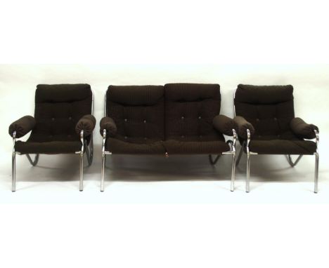 A MID 20TH CENTURY CHROMED FRAMED THREE PIECE SUITE comprising two seat sofa, 77cm high x 114cm wide x 80cm deep and two armc