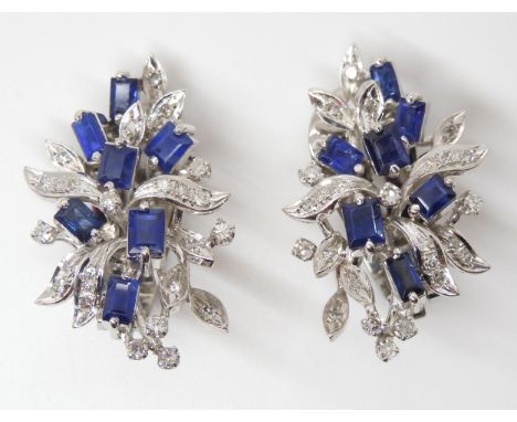 A PAIR OF SAPPHIRE &amp; DIAMOND EARRINGS mounted throughout in white metal bearing a Chinese hallmark and stamped 18k, set w