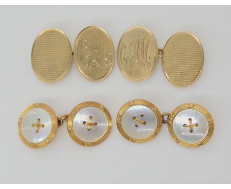 TWO PAIRS OF 9CT GOLD CUFFLINKS A pair of Deakin &amp; Francis engine and hand engraved cufflinks, one face monogramed, toget