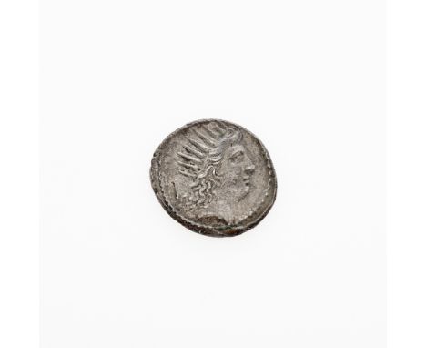OBVERSE: Radiate head of Sol (right), quiver behind; REVERSE: Crescent moon and five stars with legend P. CLODIUS M.F in exer