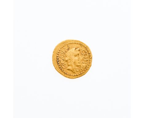 OBVERSE: Female head (right) wearing veil with legends C. CAESAR behind and COS TER in front; REVERSE: Lituus, jug, and axe w