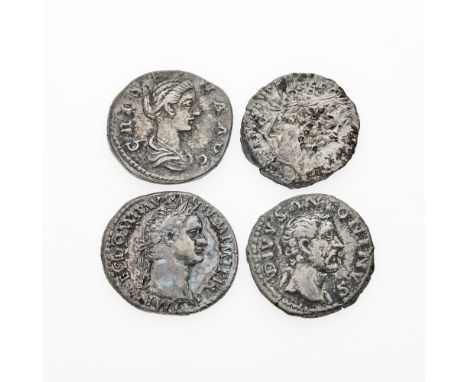 Four Imperial denarii, grades Very Fine to Extremely Fine.Domitian. c. 86 C.E. AR Denarius - OBVERSE: Laureate head of Domiti
