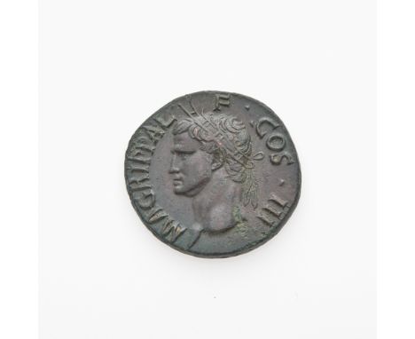 Struck by Caligula. OBVERSE: Head of Agrippa (right) wearing Rostral crown; REVERSE: Neptune standing (left), holding small d