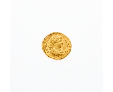 OBVERSE: Laureate, draped, and cuirassed boy's bust (right); REVERSE: Sol standing front, head left, holding globe and revers