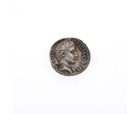 OBVERSE: Bare head (right) with legend CAESAR DIVI F COS VI; REVERSE: Crocodile (right) with legend AEGVPTO CAPTA in two line