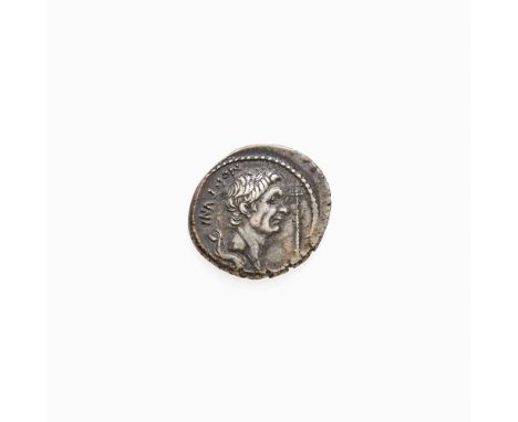 Struck by his younger son Sextus, Moneyer Q. Nasidius. OBVERSE: Head of Pompey the Great (right), dolphin below and trident b