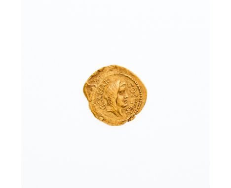 OBVERSE: Female head (right) wearing veil with legend C. CAESAR behind, COS TER in front; REVERSE: Lituus, jug, and axe with 