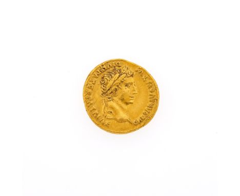 Struck at Lugdunum. OBVERSE: Mature portrait of Augustus with legend CAESAR AUGUSTUS DIVI F. PRATER PATRIAE; REVERSE: Standin