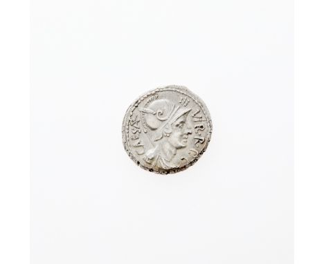 OBVERSE: Helmeted bust of Mars (right), spear behind with legend CAESAR on left, III. VIT R. P. C. on right; REVERSE: Legiona
