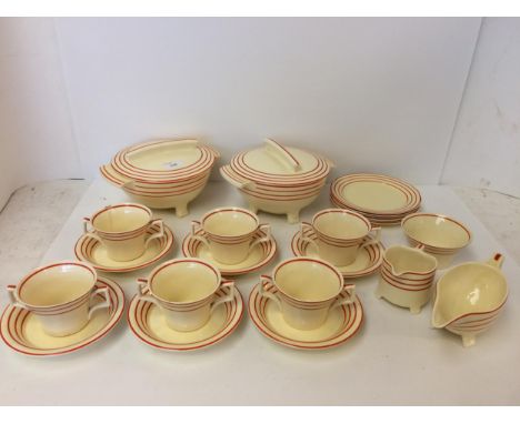 Set of Bristol "Ambertone" yellow and red striped service,  two chips to tea cups, 