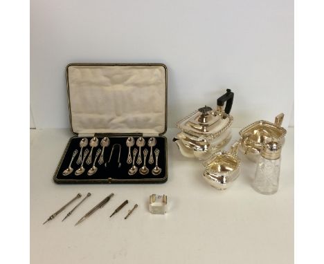 Sterling silver and white metal propelling pencils, and sterling silver napkin ring, and 3 piece plated tea service, sugar si