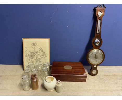 A Barometer (glass missing and brass loose), qty of glass jars with lids and other pottery a wooden box and a drawing of flow