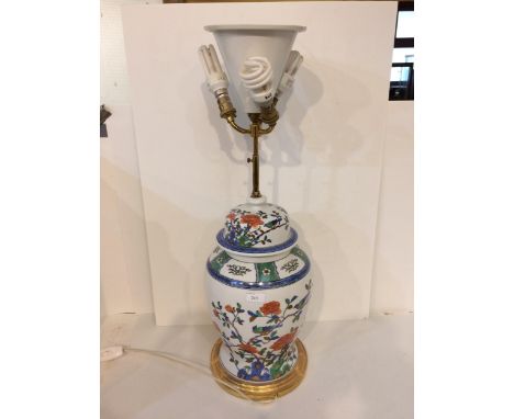 Decorative China lamp , in the Chinese taste, decorated birds and fauna, 73 cm high overall, brass 4 bulb fitting 