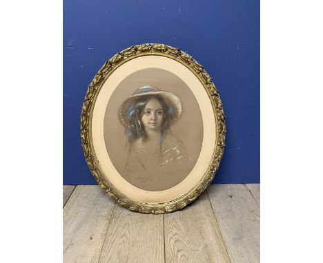 Circular gilt framed pastel portrait of a lady, signed, no glass 