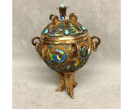 Chinese export silver Champleve lidded censor . Early C20th, some minor wear 