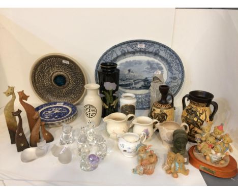 Quantity of china to include Willow Pattern plates, meat platter, Cherished Teddies, Nao, and glass animal, and a modern bust