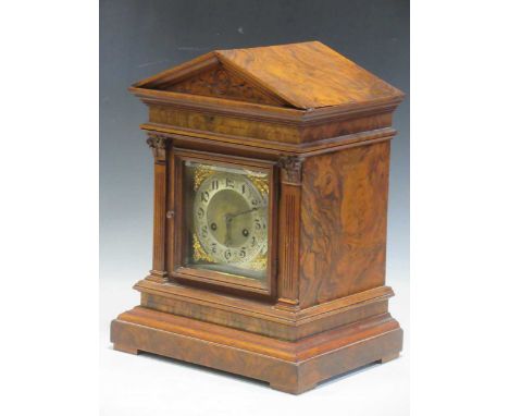 Late Victorian architectural case walnut mantel clock, with German movement striking on 2 gongs, 43cm high