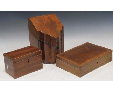 A 19th century mahogany knife box (converted) 28 x 20 x 22cm together with a tea caddy 13 x 20 x 11.5cm and cigar box 8 x 31 
