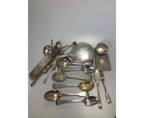 A collection of assorted silver flatware, 71.5ozt, together with a silver trinket box, hand mirror and brush