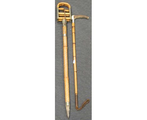 A shooting stick and riding crop 88.5cm tall, 74cm to the seat