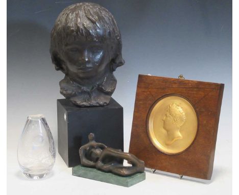 After Rodin, a bronzed child's head on stand marled 'ALVA STUDIOS, 20/30'; a plaster model after Henry Moore; a 19th century 