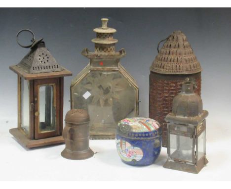 A quantity of tin and toleware lanterns, tallest 37cm high; with an enamel lidded bowl Provenance:Collection of Mike Handford