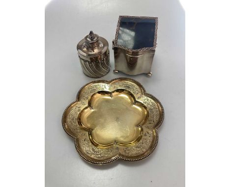A silver and tortoiseshell topped caddy, a silver drum caddy and a silver gilt dish, 17.2ozt grossProvenance:  From the estat