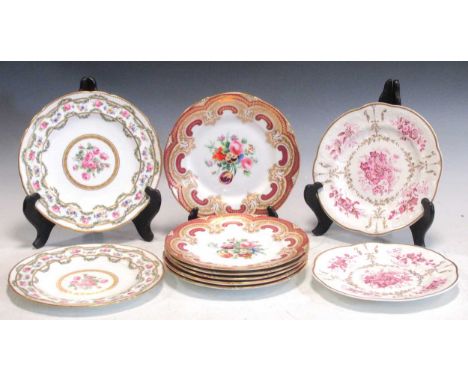 A set of six English porcelain plates, decorated to the centres with flowers; two pairs of platesSet of six, gilt rubbed with