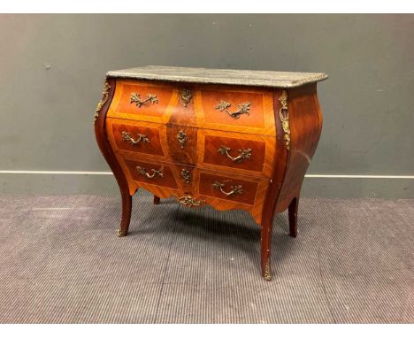 A Louis XV style gilt metal mounted parquetry commode with marble top77 x 90 x 41cm