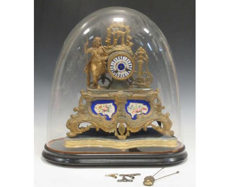 A 19th-century French gilt metal and porcelain panel mantel clock with a figural surmount of a gondolier, 38cm high on a shap