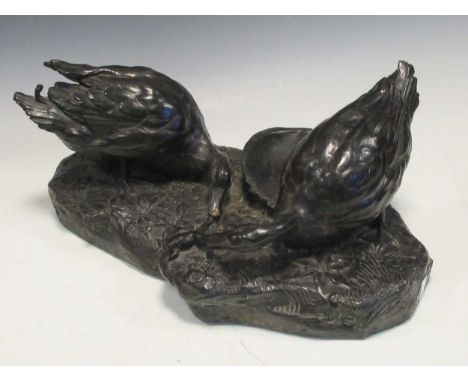 A bronzed composition model of two geese eating a frog, marked 'L.Malsert' 22 x 53 x 33cmProvenance:Collection of the late Si