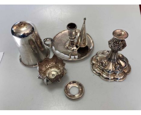 An 18th century silver chamber stick with non matching snuffer, together with a German metalwares goblet, 16.69ozt gross (A/F